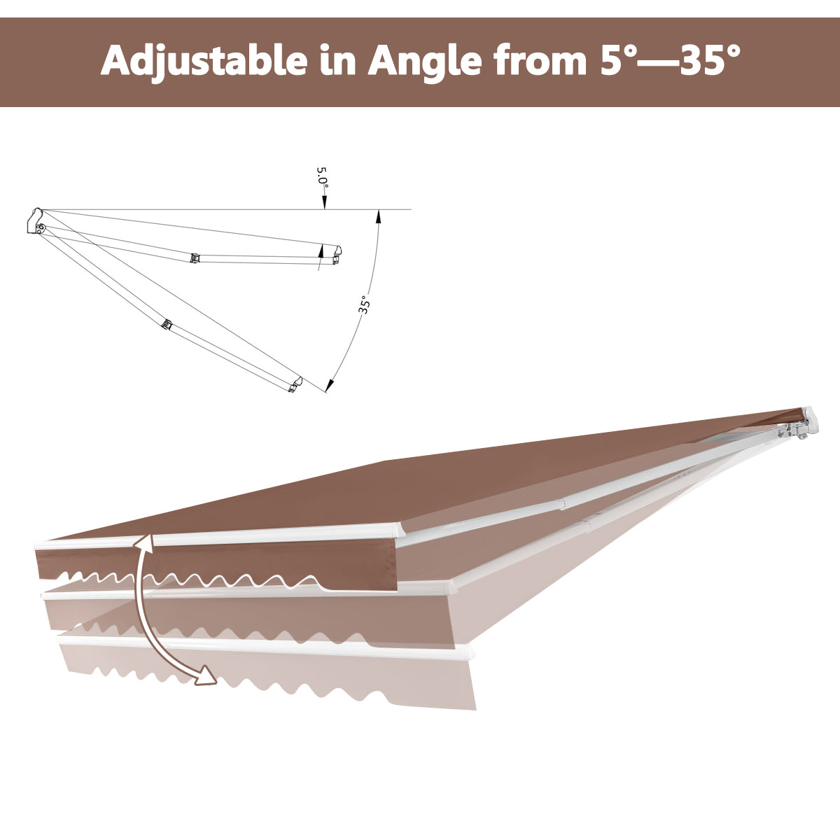 LIVSK Oprolbare Luifel Aluminium Polyester - Waterdicht - Verstelbare Kanteling 5-35° - Eenvoudig te Installeren - Bruin
