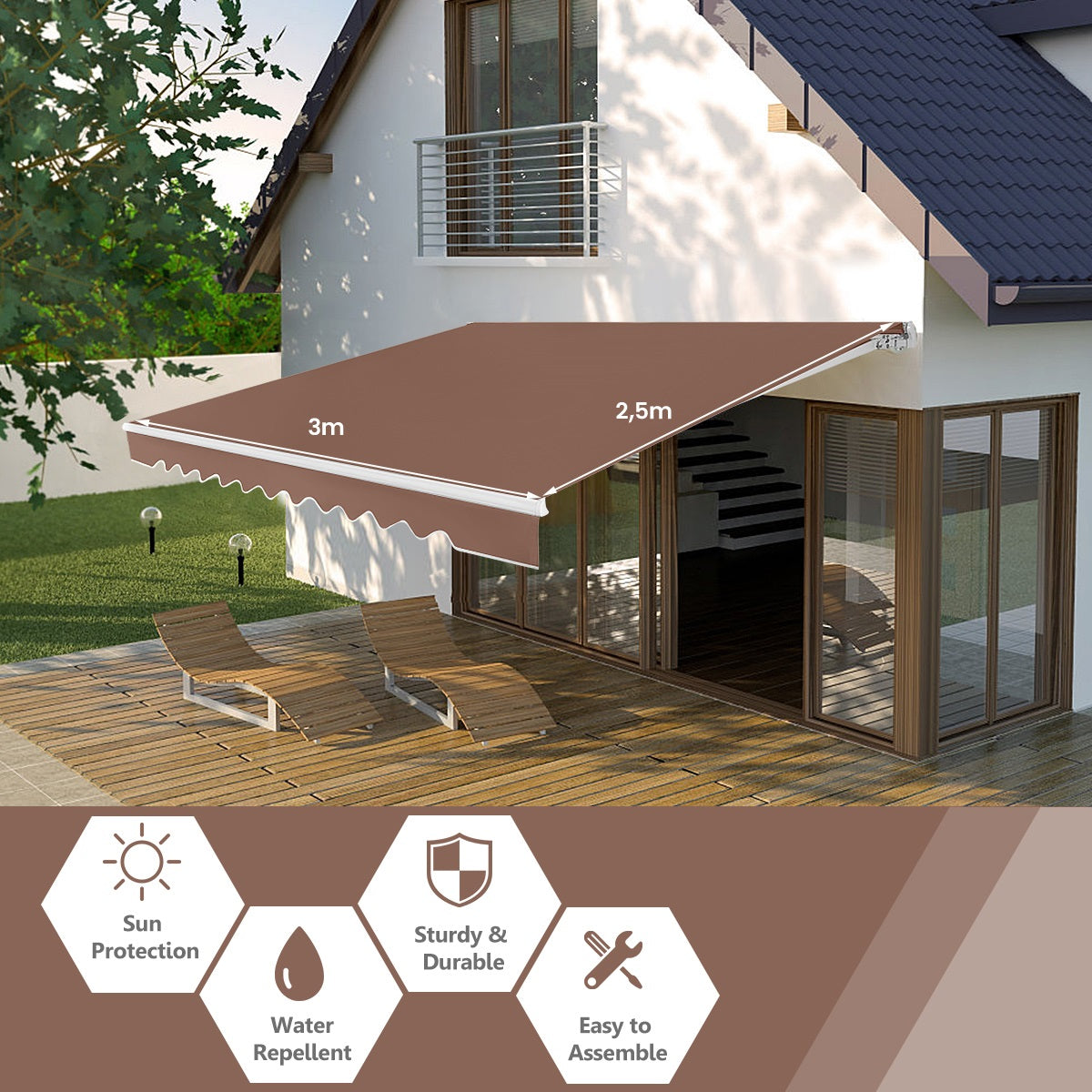 LIVSK Oprolbare Luifel Aluminium Polyester - Waterdicht - Verstelbare Kanteling 5-35° - Eenvoudig te Installeren - Bruin