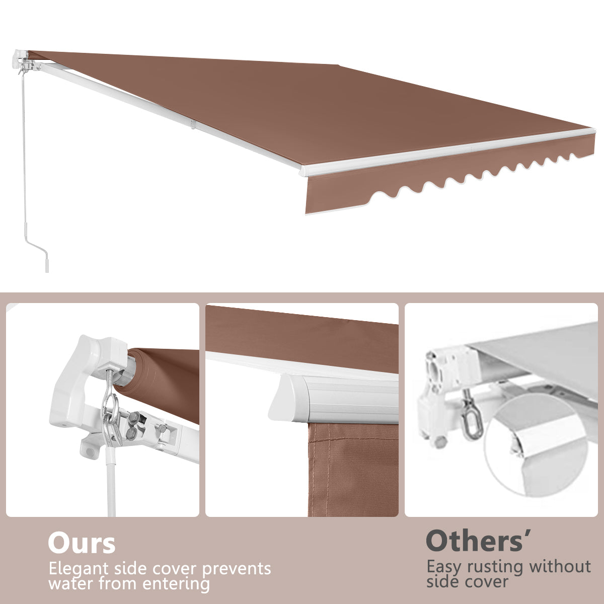 LIVSK Oprolbare Luifel Aluminium Polyester - Waterdicht - Verstelbare Kanteling 5-35° - Eenvoudig te Installeren - Bruin