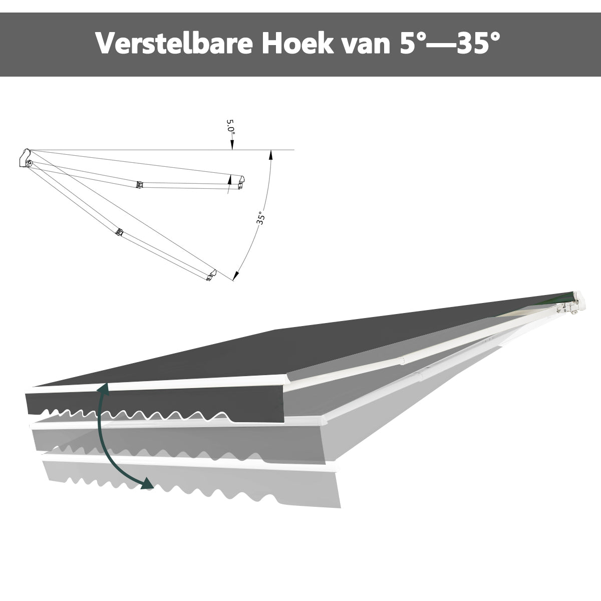 LIVSK Oprolbare Luifel voor Onder Dakrand - Aluminium Frame - Waterdicht Polyester - Verstelbare Kanteling - 3m x 2,5m - Grijs