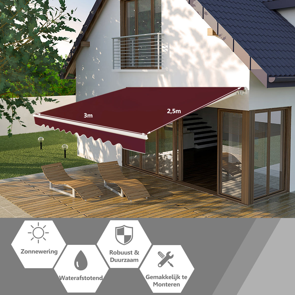 LIVSK Oprolbare Luifel - Aluminium Frame - Waterdicht Polyester - Verstelbare Hellingshoek 5° tot 35° - 3m x 2,5m - Beige