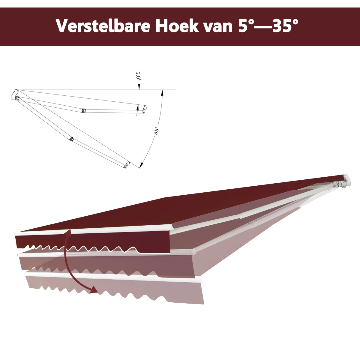 LIVSK Oprolbare Luifel - Aluminium Frame - Waterdicht Polyester - Verstelbare Hellingshoek 5° tot 35° - 3m x 2,5m - Beige