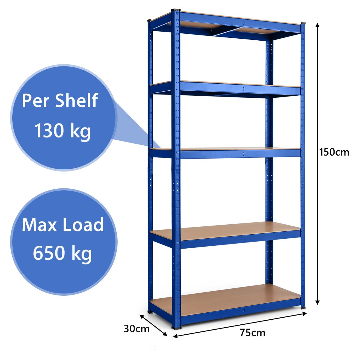LIVSK 5-laags opslagrek - Verstelbare planken - Robuust en duurzaam - Voor gereedschap, voedsel en boeken - 75 x 30 x 150 cm -