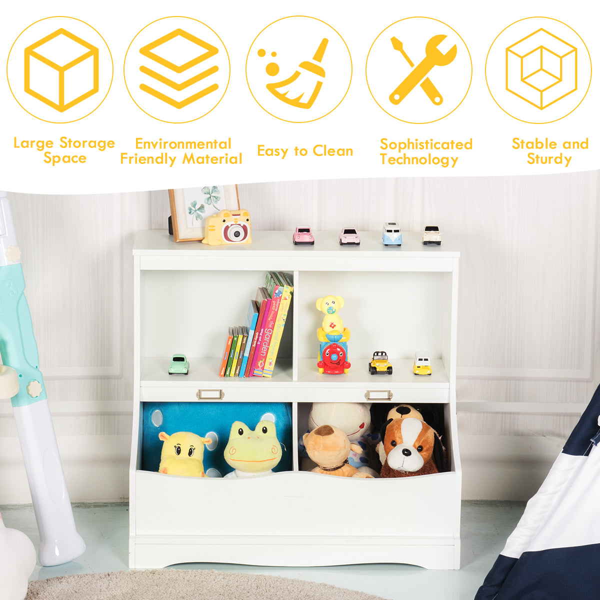 LIVSK Multifunctionele Opslagorganisator - 2 Legvakken en 2 Bakken - Duurzaam MDF - Voor Speelgoed en Boeken - Wit