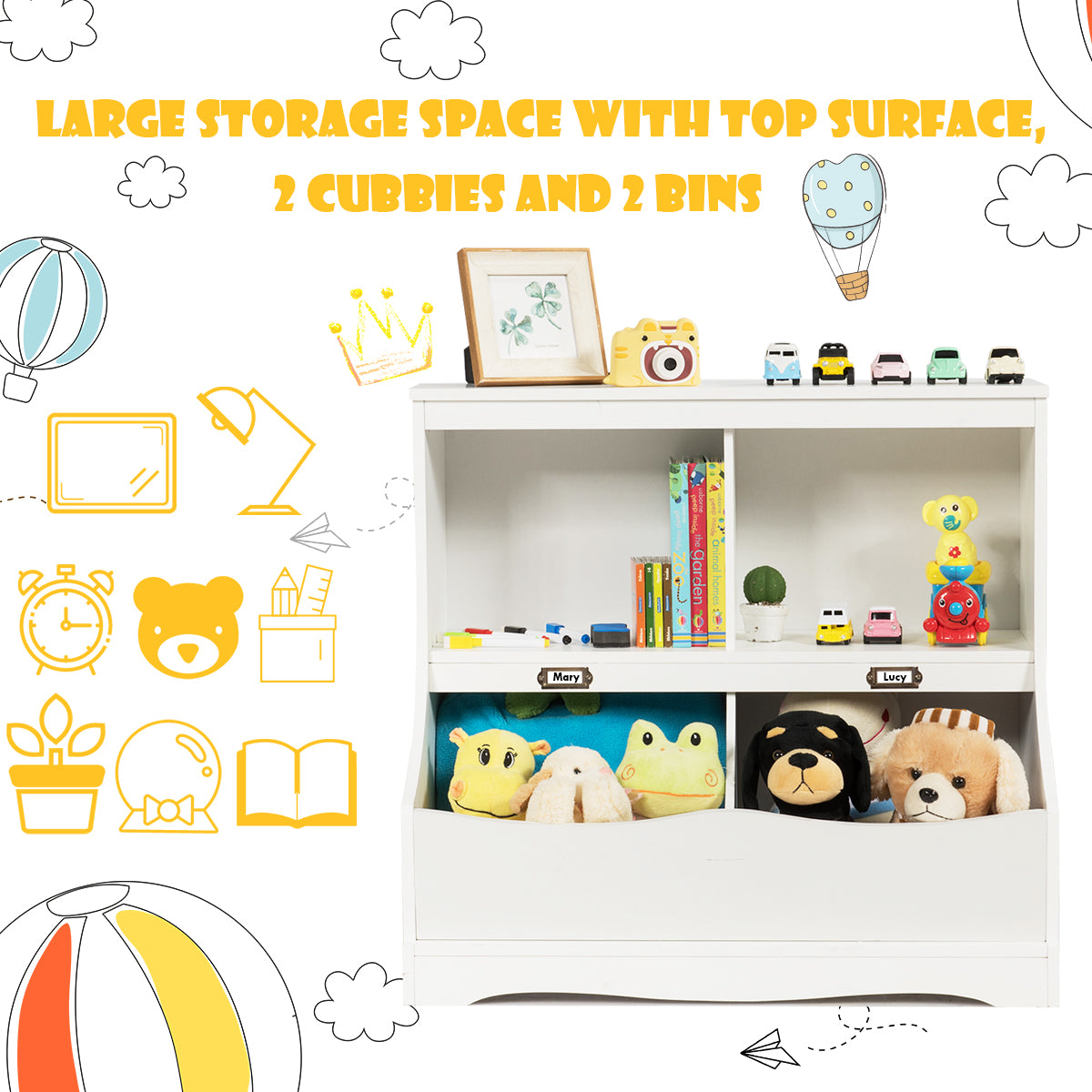 LIVSK Multifunctionele Opslagorganisator - 2 Legvakken en 2 Bakken - Duurzaam MDF - Voor Speelgoed en Boeken - Wit