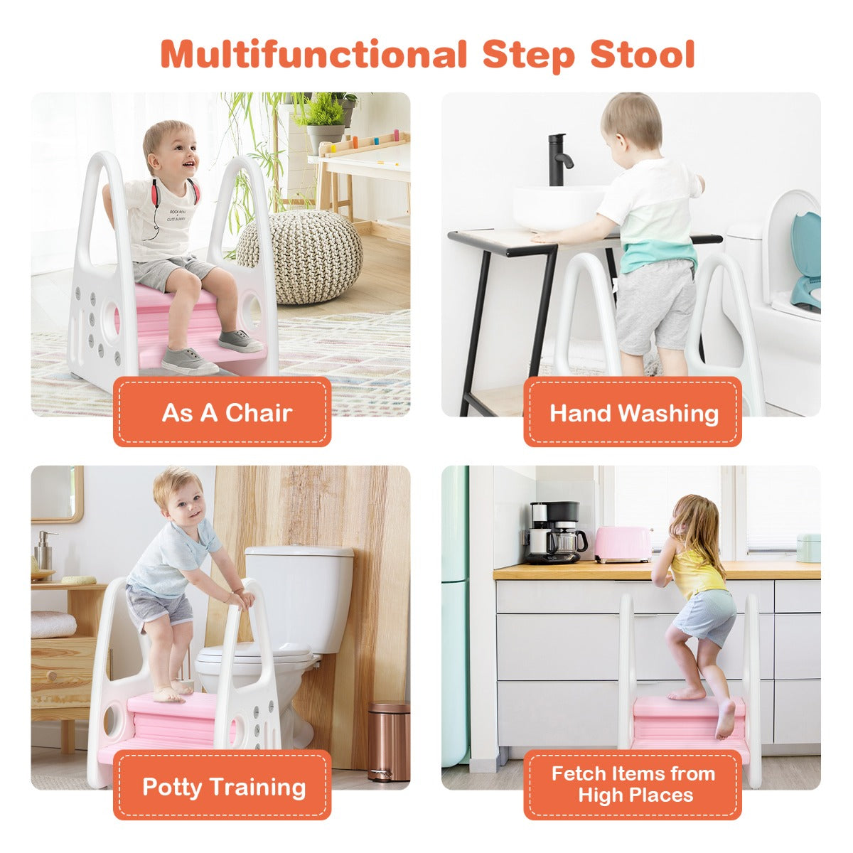 LIVSK Multifunctioneel Kinder Opstapkrukje - Veiligheid - Armleuningen - Antislip - Tot 50 kg - HDPE - Grijs