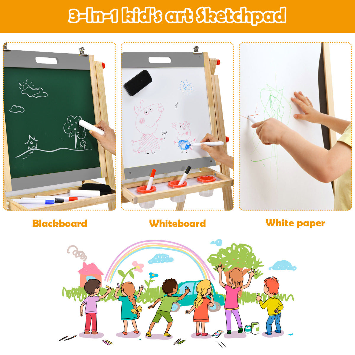 LIVSK Kinderschildersezel 3-in-1 - Verstelbaar met 5 Hoogtes - Inclusief Accessoires - Voor Kinderen vanaf 3 Jaar - Natuur + Grijs