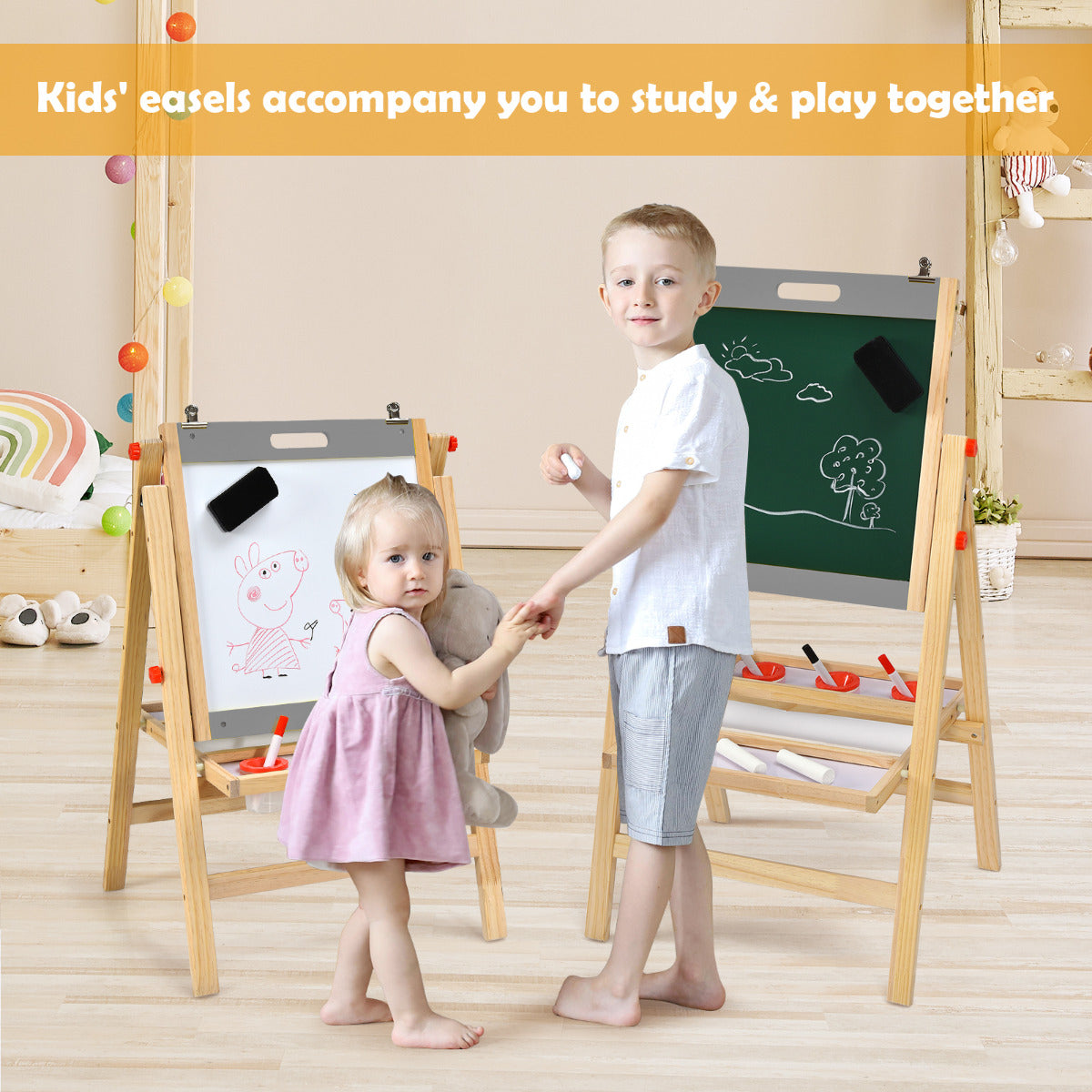 LIVSK Kinderschildersezel 3-in-1 - Verstelbaar met 5 Hoogtes - Inclusief Accessoires - Voor Kinderen vanaf 3 Jaar - Natuur + Grijs