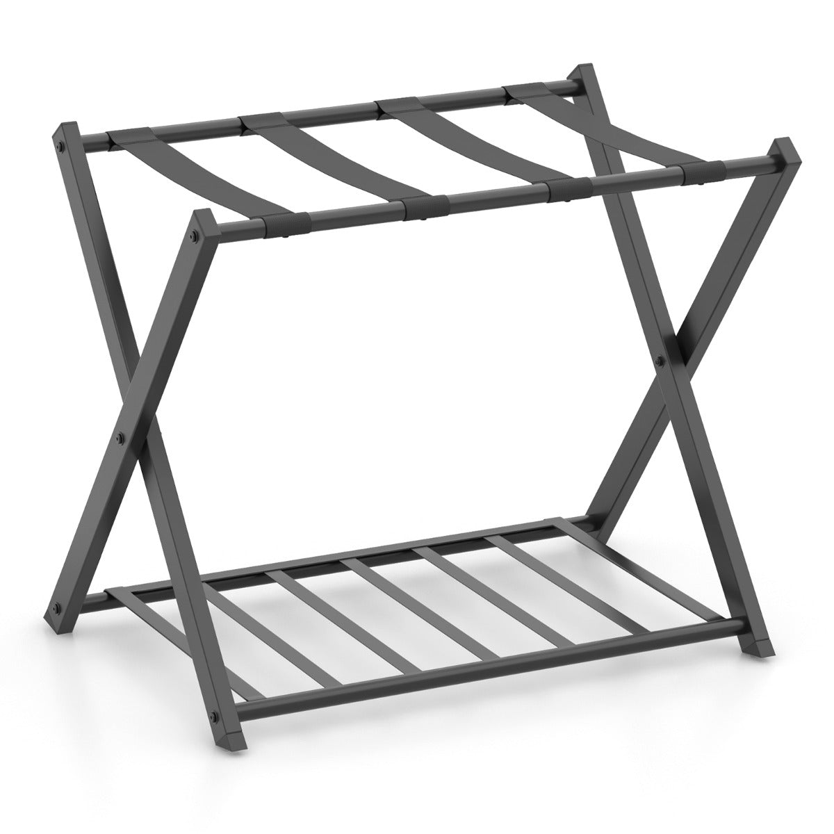 LIVSK Opvouwbaar Bagagerek - 2 Niveaus - Stevig Metalen Frame - Nylon Riemen - Tot 50 kg - Ruimtebesparend - Zwart