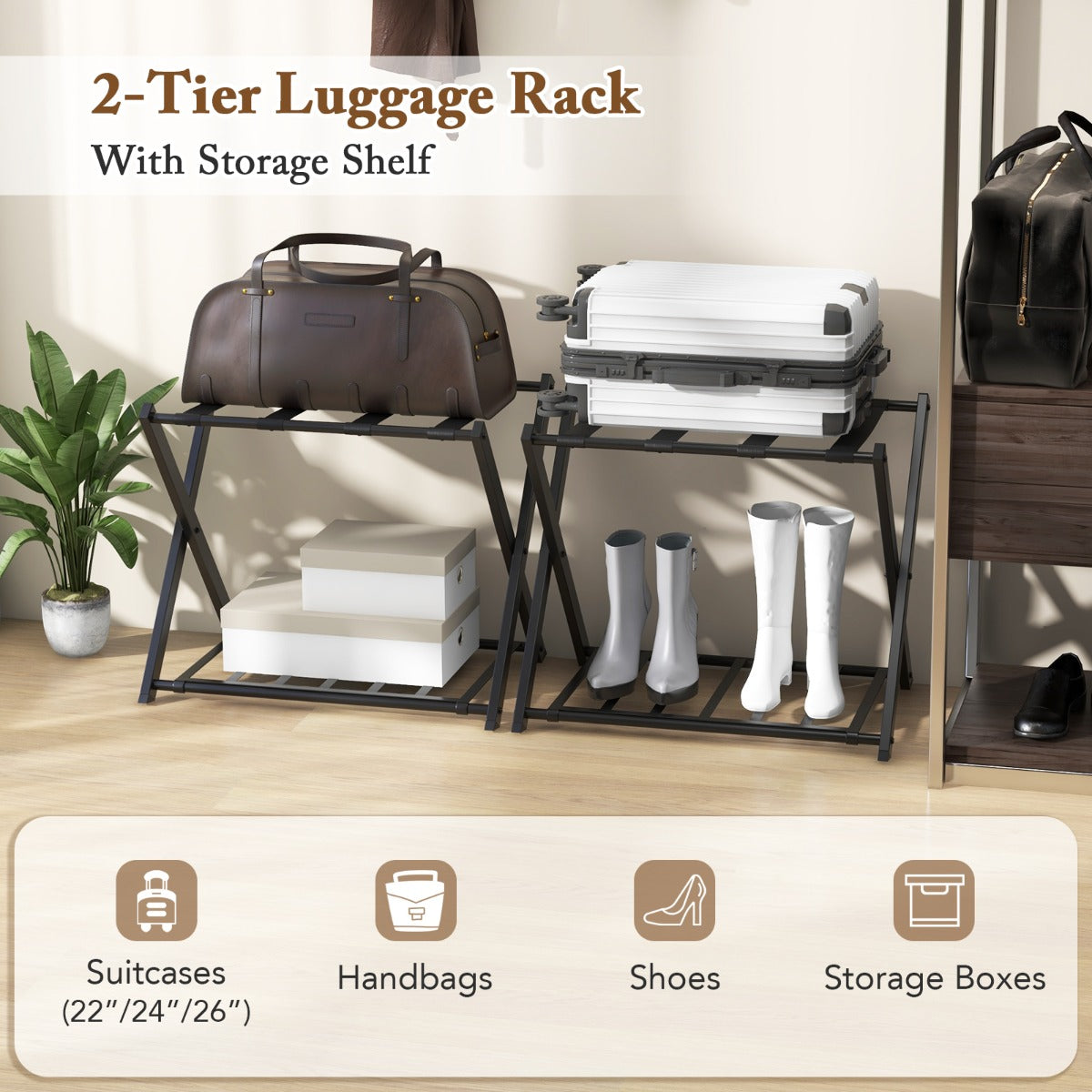 LIVSK Opvouwbaar Bagagerek - 2 Niveaus - Stevig Metalen Frame - Nylon Riemen - Tot 50 kg - Ruimtebesparend - Zwart
