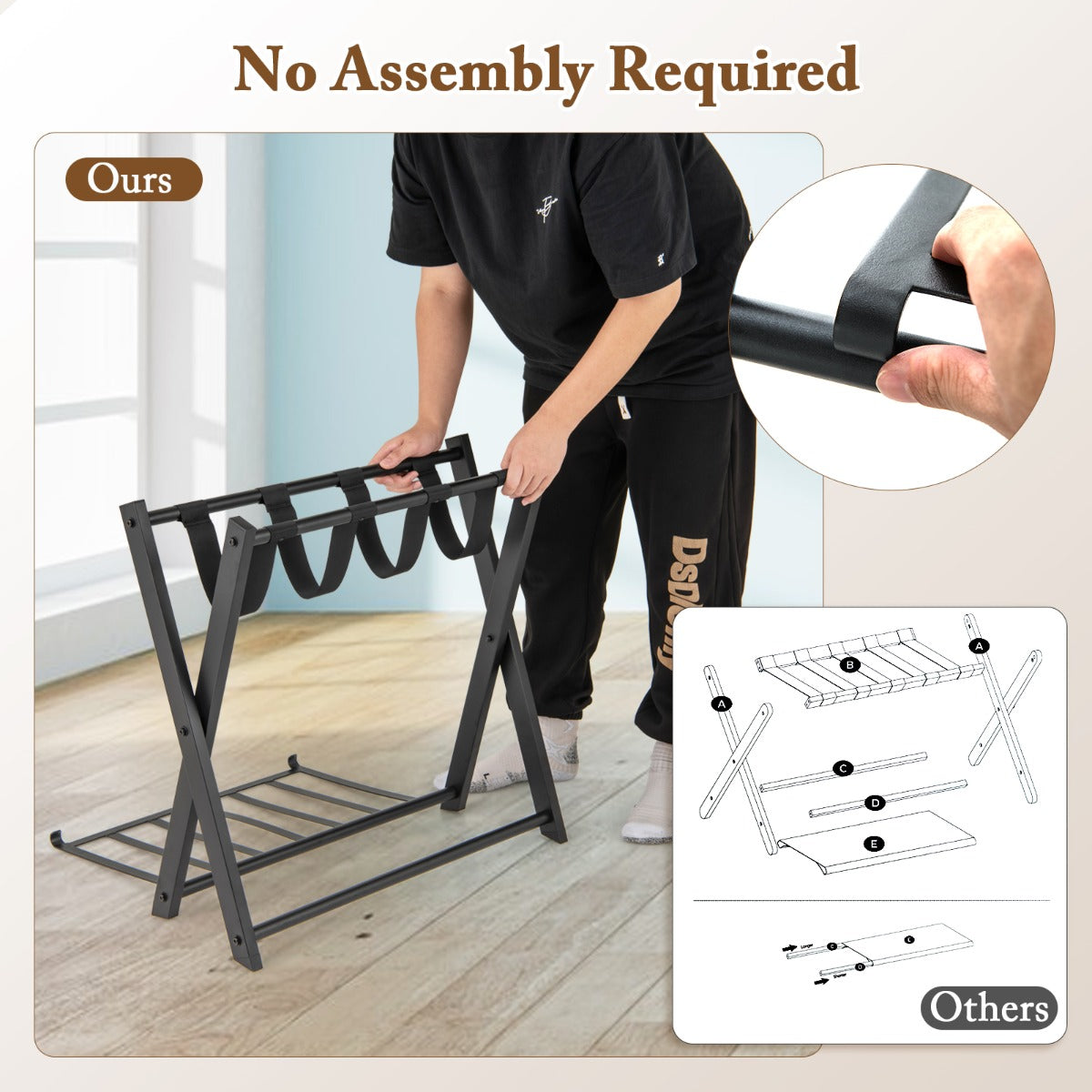 LIVSK Opvouwbaar Bagagerek - 2 Niveaus - Stevig Metalen Frame - Nylon Riemen - Tot 50 kg - Ruimtebesparend - Zwart