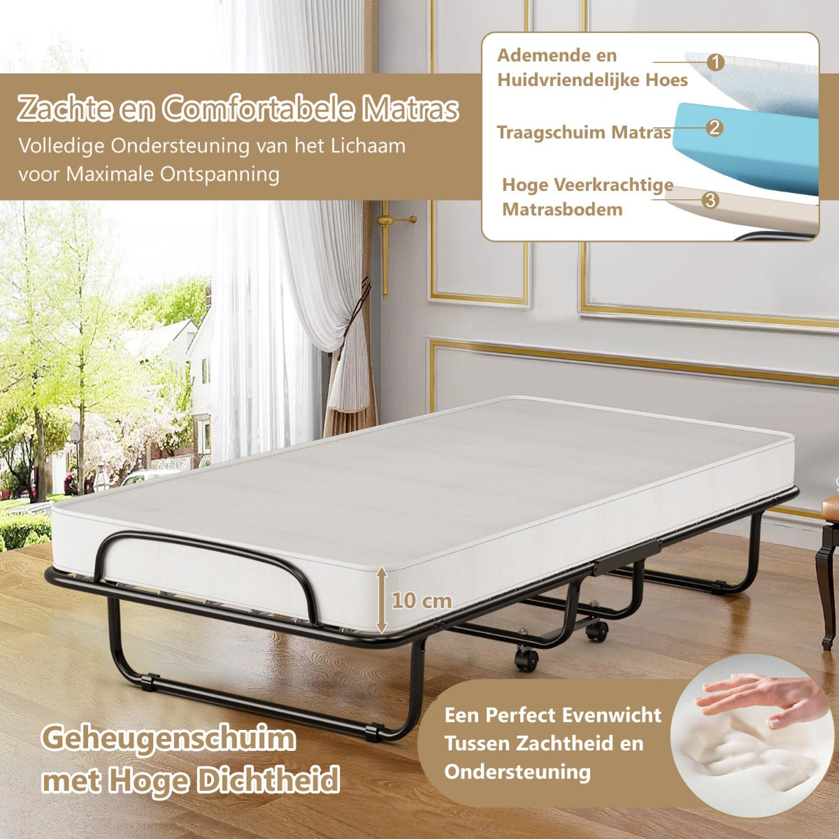LIVSK Opvouwbaar Eenpersoonsbed met Matras - Stevig Stalen Frame - Draagvermogen tot 120 kg - Ruimtebesparend - 190 x 80 x 39 cm