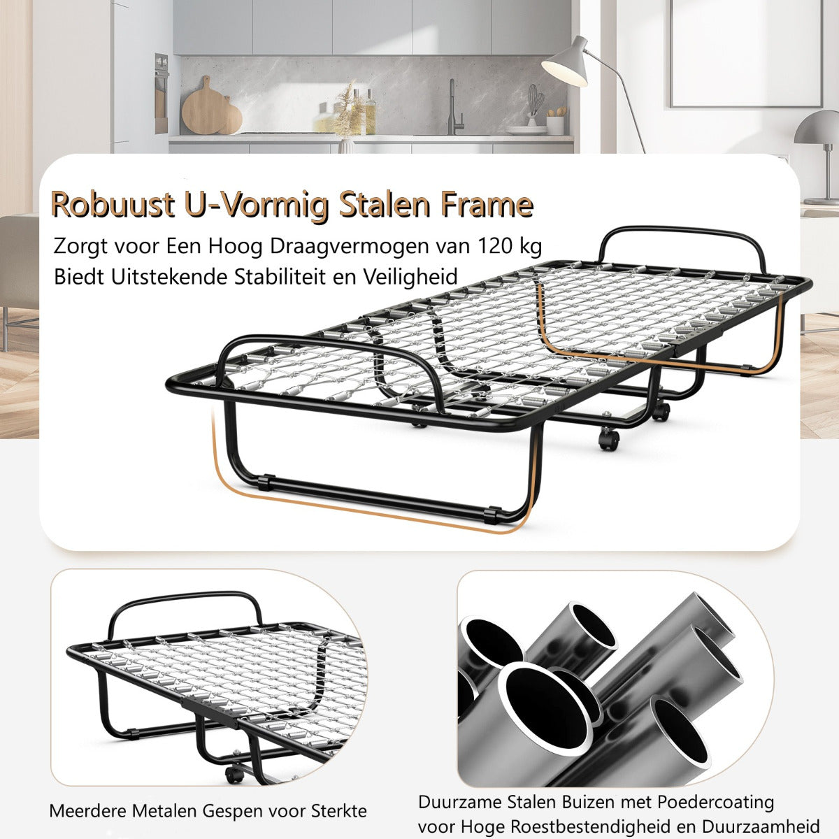 LIVSK Opvouwbaar Eenpersoonsbed met Matras - Stevig Stalen Frame - Draagvermogen tot 120 kg - Ruimtebesparend - 190 x 80 x 39 cm