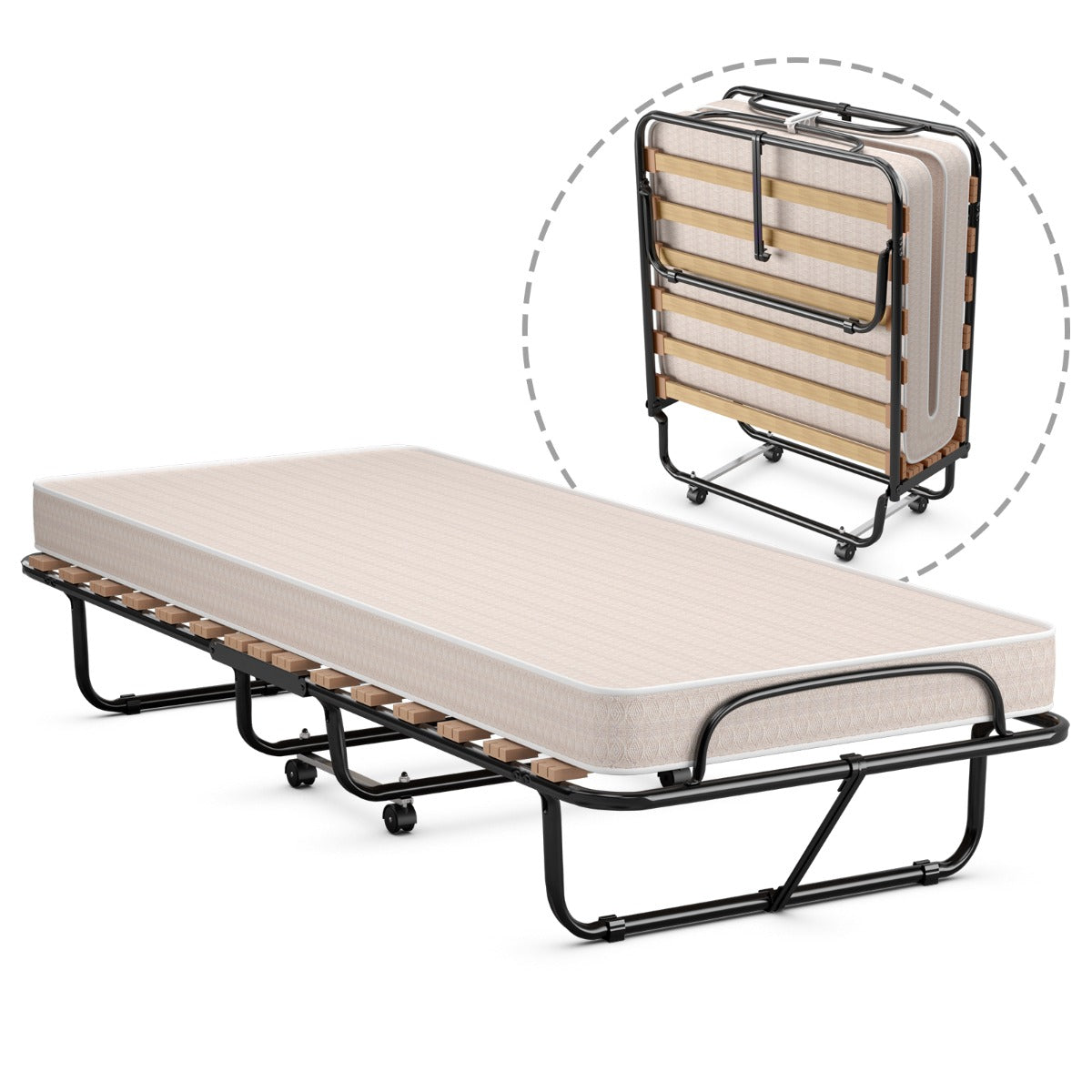 LIVSK Opvouwbaar Vouwbed - Traagschuim Matras - Sterk Stalen Frame - 120 kg Draagkracht - Compact en Mobiel - Beige