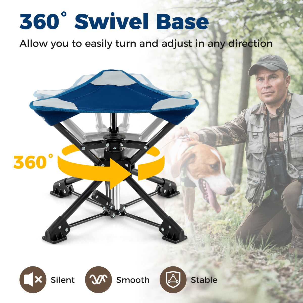 LIVSK Opvouwbare Campingkruk - 360° Draaibaar - Stevig Metaal - Waterdichte Oxford-Zitting - Tot 150 kg - Camouflage/Blauw