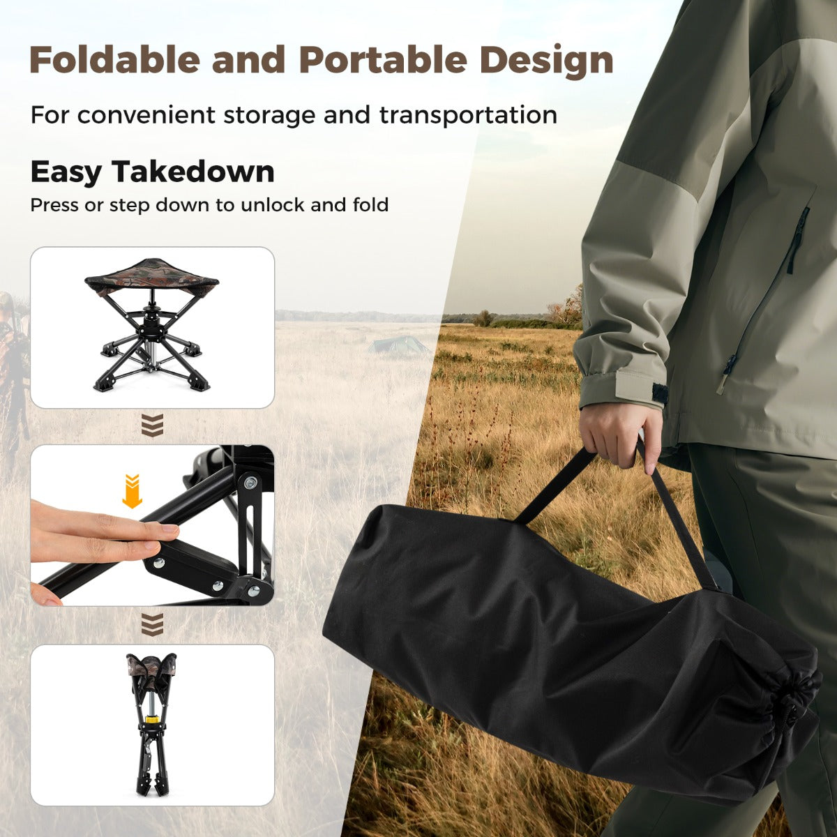 LIVSK Opvouwbare Driepoot Campingkruk - 360° Draaibaar - Stabilisatiepoten - Compact met Draagtas - Tot 150 kg - Camouflage/Blauw