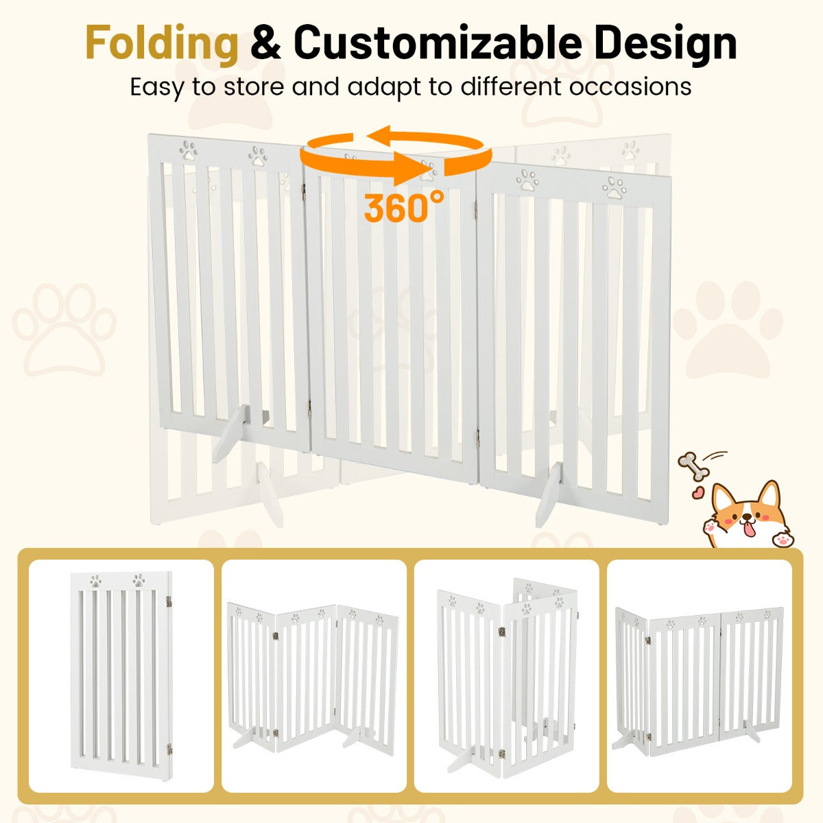 LIVSK Zelfdragend Opvouwbaar Huisdierenhek - Verstelbaar met 2 Steunpoten - Veiligheid voor Kleine en Middelgrote Honden - Wit