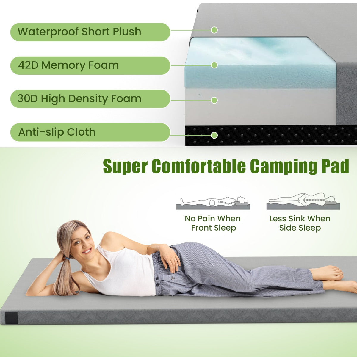 LIVSK Traagschuim Kampeermatras - Opvouwbaar met Waterdichte Flanellen Hoes - Antislip - Ideaal voor Kamperen - 188 x 97 x 6,5 cm