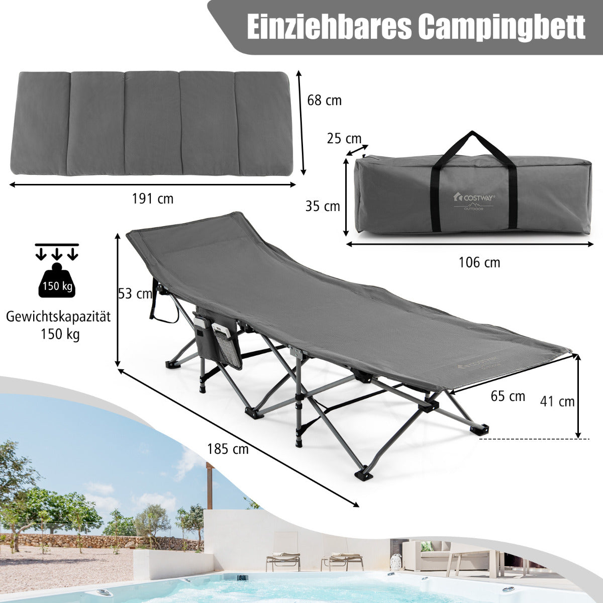 LIVSK Opvouwbaar Veldbed met Matras en Kussen - Draagkracht tot 150 kg - Inklapbaar met Draagtas - Comfortabel en Duurzaam - Grijs