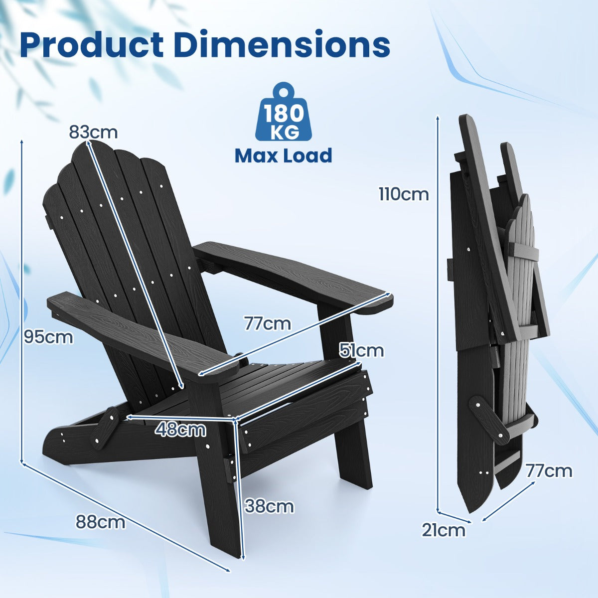 LIVSK Opvouwbare Adirondack-stoel - Weerbestendig HIPS - Ergonomische Zitting - Brede Armleuningen - Tot 180 kg - Marineblauw