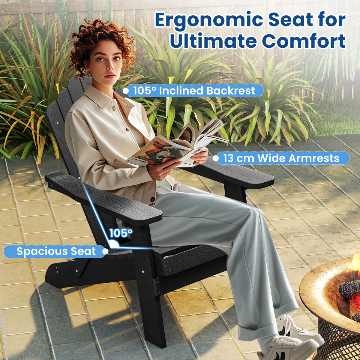 LIVSK Opvouwbare Adirondack-stoel - Weerbestendig HIPS - Ergonomische Zitting - Brede Armleuningen - Tot 180 kg - Marineblauw