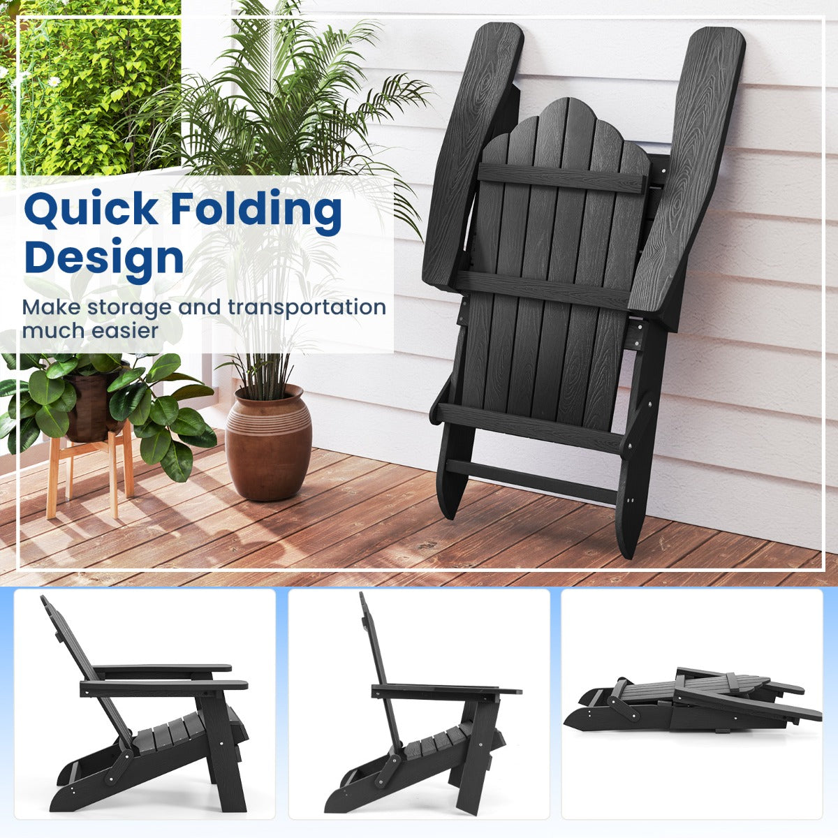 LIVSK Opvouwbare Adirondack-stoel - Weerbestendig HIPS - Ergonomische Zitting - Brede Armleuningen - Tot 180 kg - Marineblauw