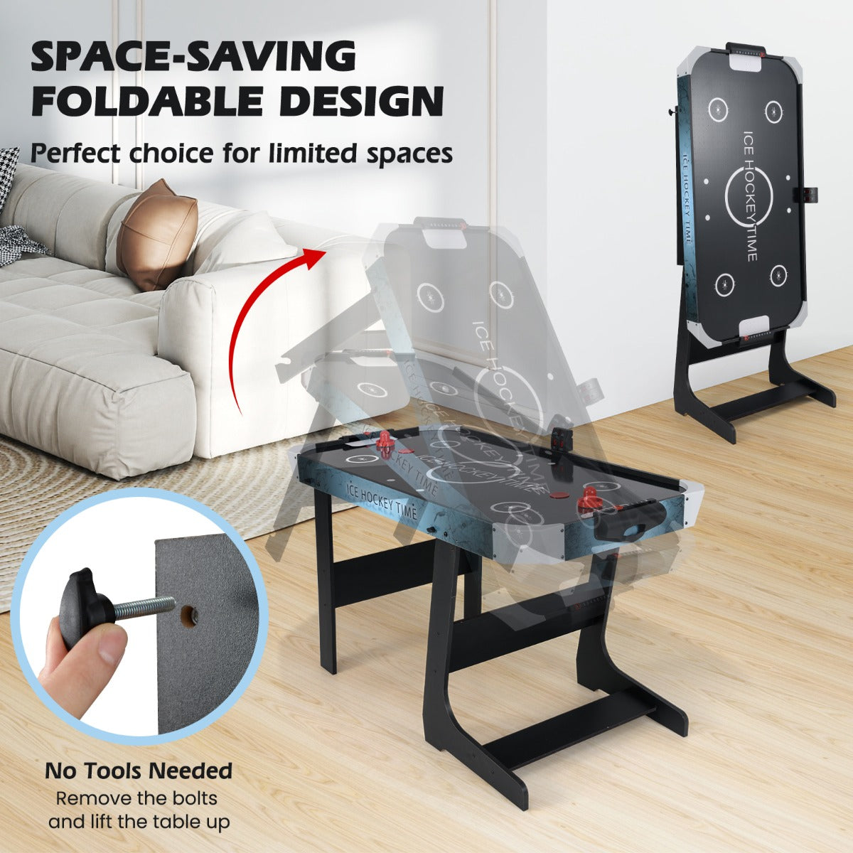 LIVSK Elektrische Opvouwbare Airhockey-tafel - Krachtige Motor - LED-display - Inclusief Hockeysticks en Pucks - 144 x 68 x 79 cm