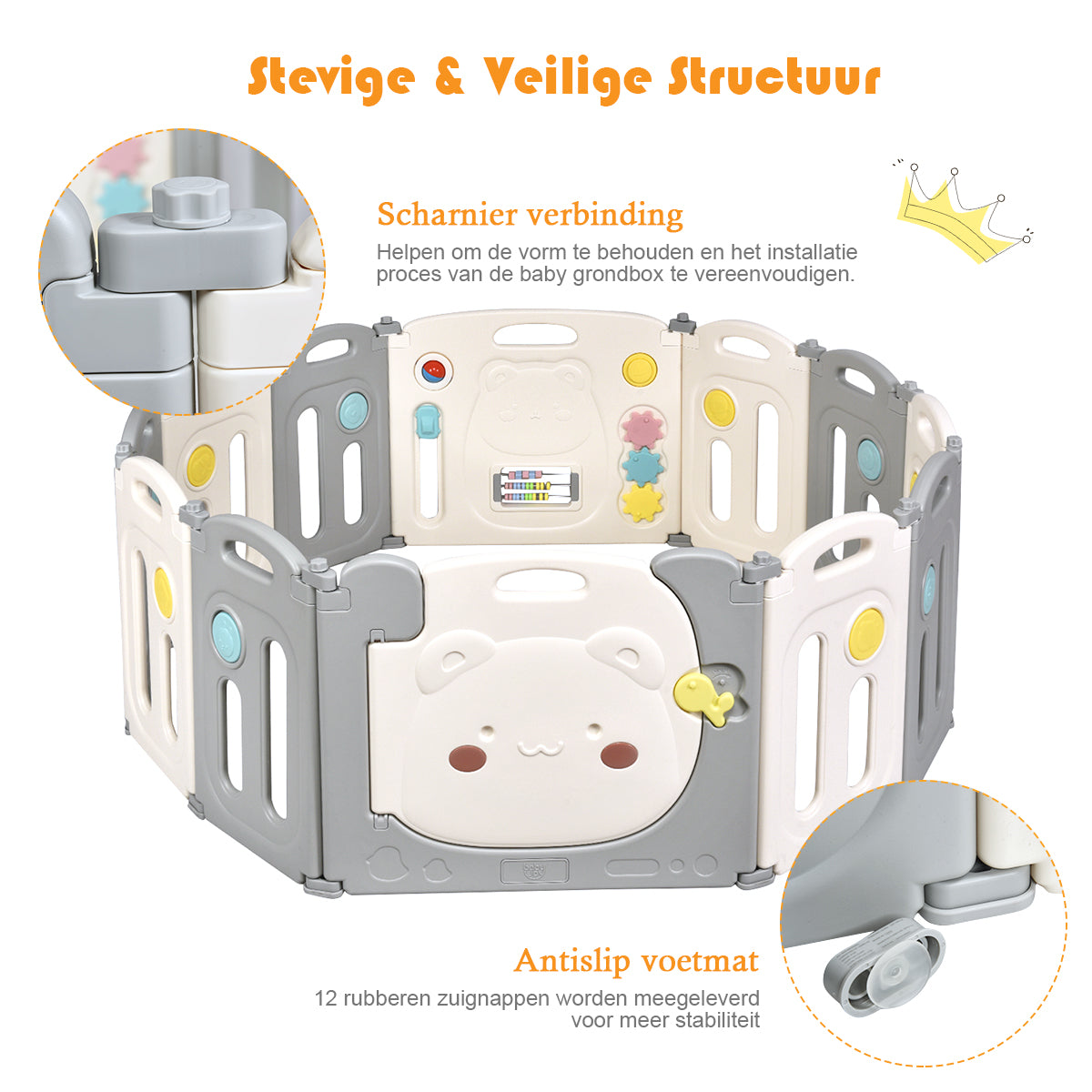 LIVSK Opvouwbare Kinderbox - Veilig HDPE - Antislip - Educatief Speelpaneel - Ruime Speelruimte - 118 x 160 x 64 cm - Wit + Grijs