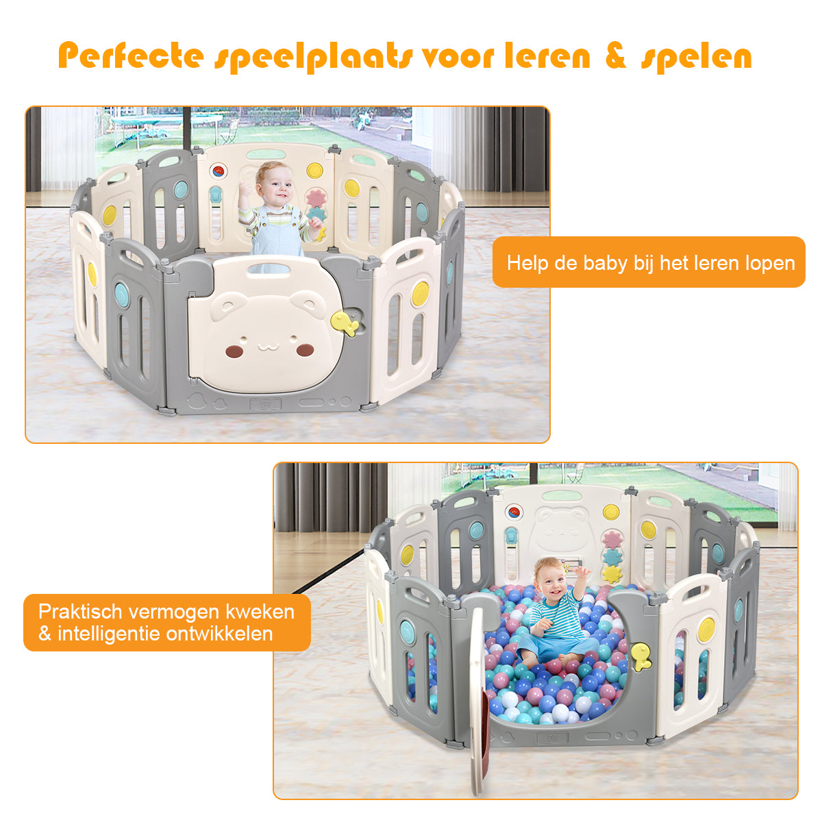 LIVSK Opvouwbare Kinderbox - Veilig HDPE - Antislip - Educatief Speelpaneel - Ruime Speelruimte - 118 x 160 x 64 cm - Wit + Grijs