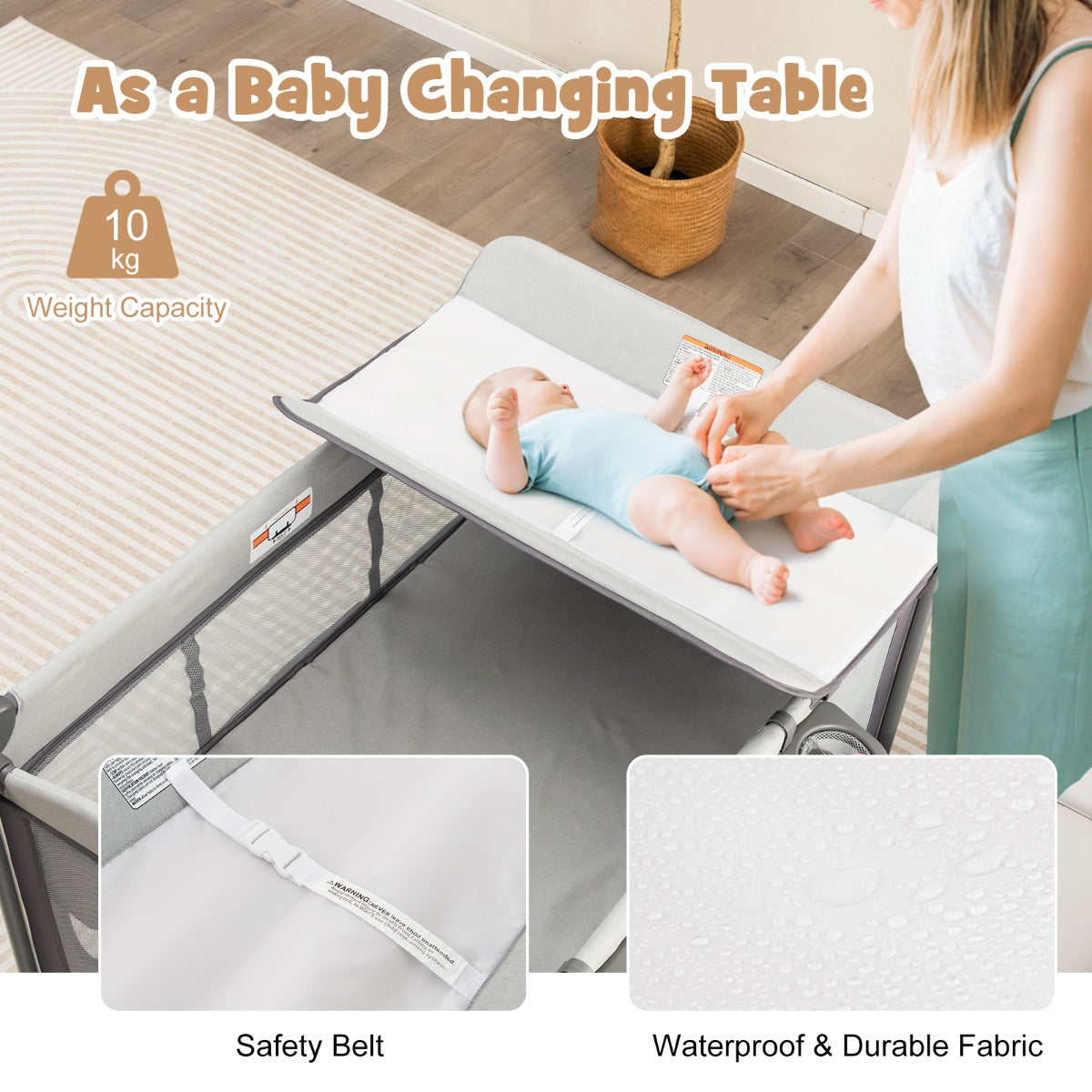 LIVSK 5-in-1 Draagbare Speelbox - Babybedje, Luiertafel & Activiteitencentrum - Opvouwbaar met Wielen - Tot 15 kg - Grijs