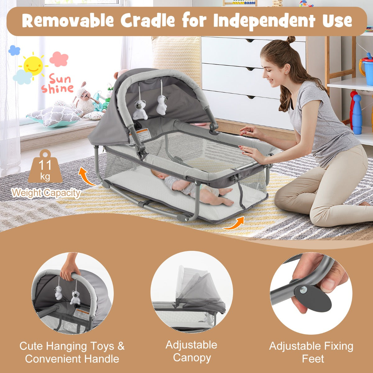 LIVSK 5-in-1 Draagbare Speelbox - Babybedje, Luiertafel & Activiteitencentrum - Opvouwbaar met Wielen - Tot 15 kg - Grijs