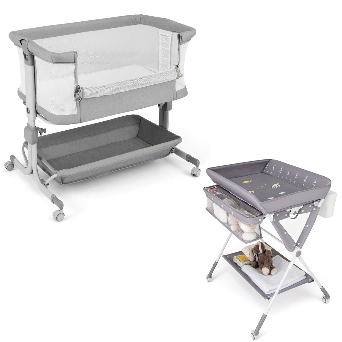 Livsk costway opvouwbare babyverschoontafel en nestbedje voor pasgeborenen mobiel babycentrum en opvouwbaar bedje naast het bed grijs