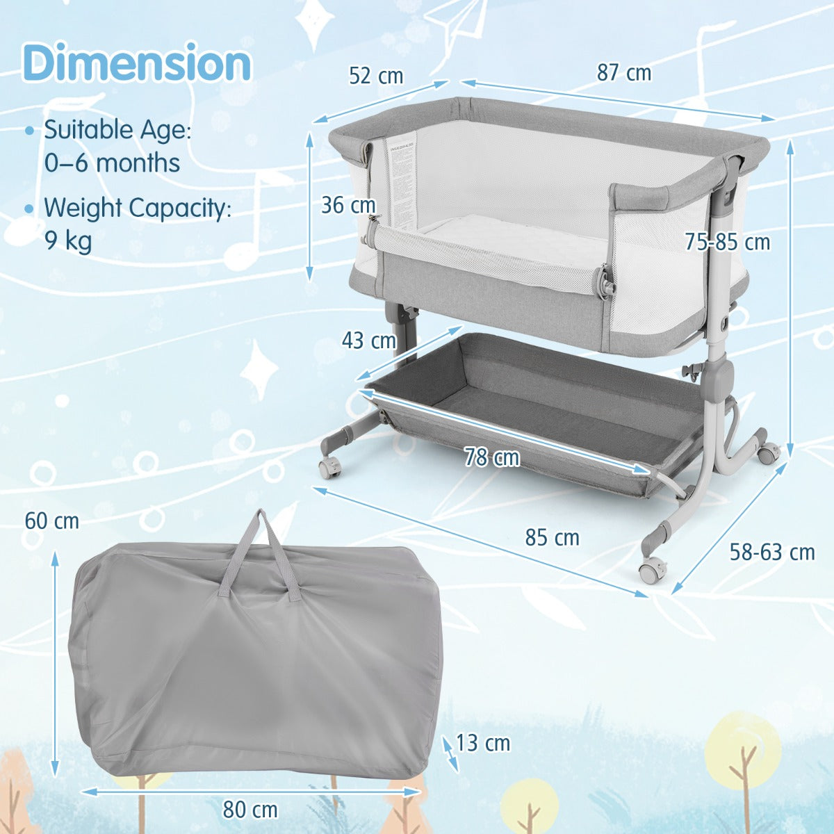 Livsk costway opvouwbare babyverschoontafel en nestbedje voor pasgeborenen mobiel babycentrum en opvouwbaar bedje naast het bed grijs 4