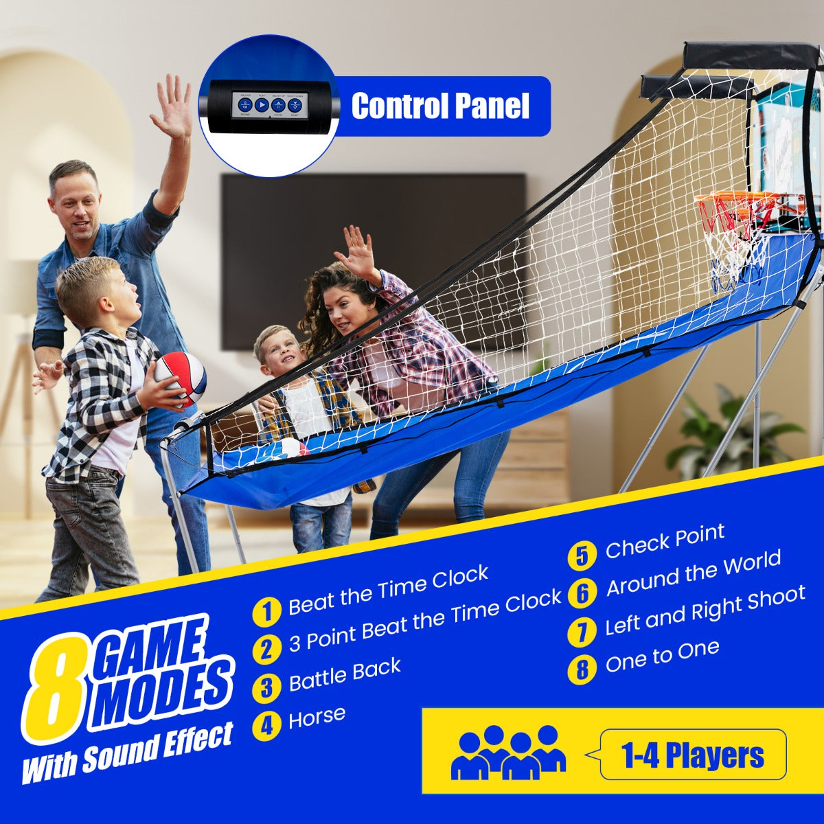 LIVSK Basketbal Arcadespel - Elektronisch Scoresysteem - 8 Spelstanden - Voor 1-4 Spelers - Opvouwbaar - 206 x 110 x 206 cm -