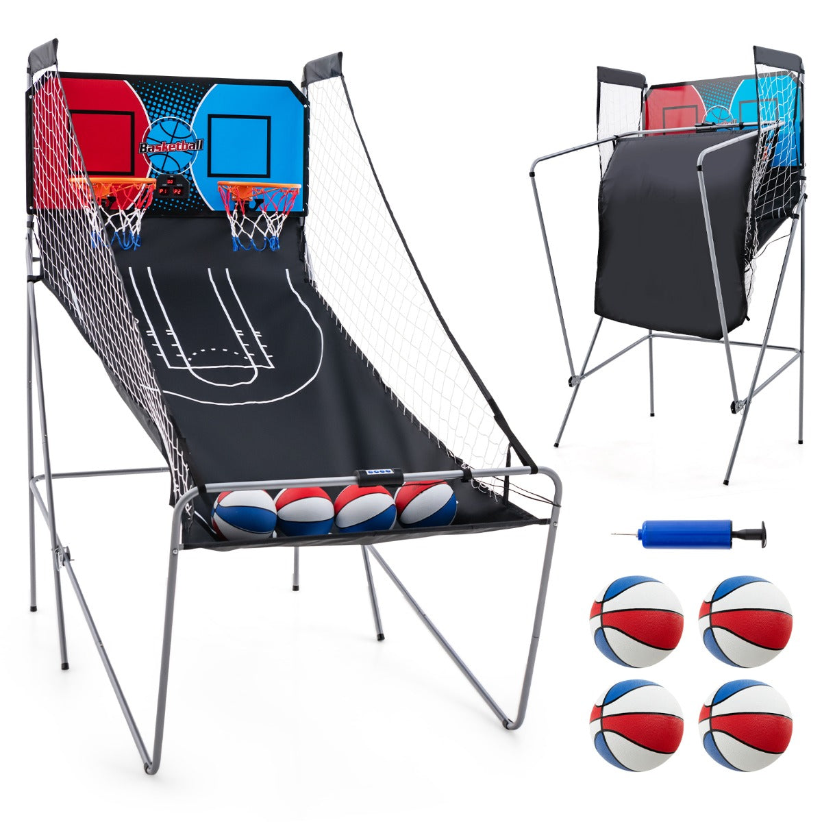 LIVSK Opvouwbaar Basketbal Arcadespel - 8 Spelstanden - Elektronisch Scoresysteem - Voor 1-4 Spelers - 206 x 110 x 206 cm - Rood