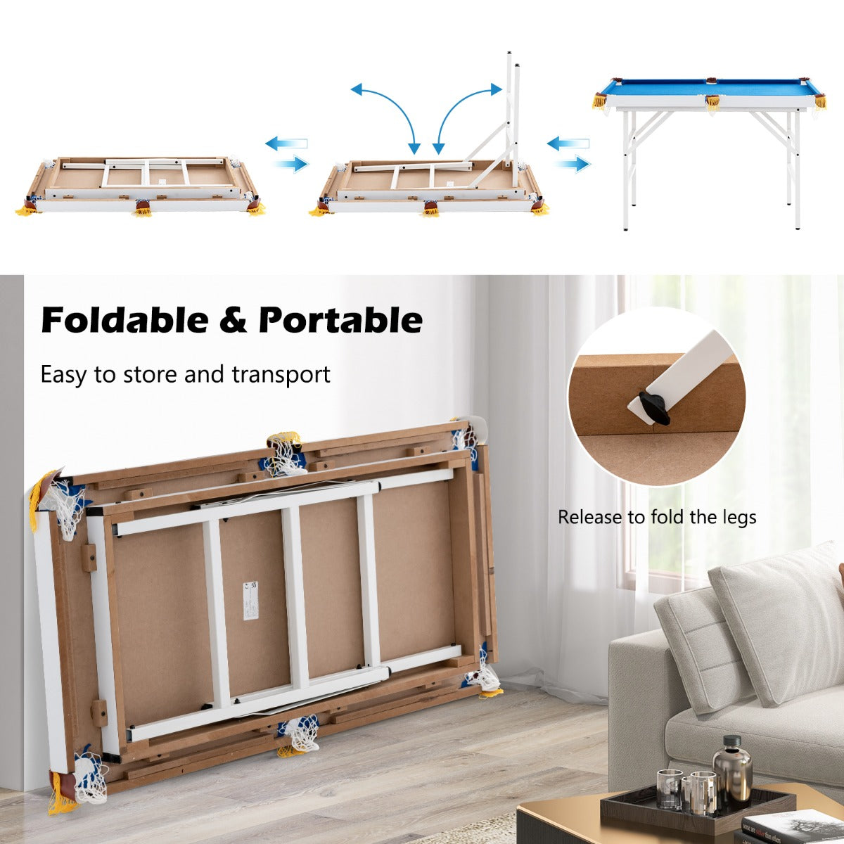 LIVSK Opvouwbare Biljarttafel - Inclusief 16 Ballen en 2 Keu-stokken - Stabiele Constructie - Compact voor Opslag - Blauw