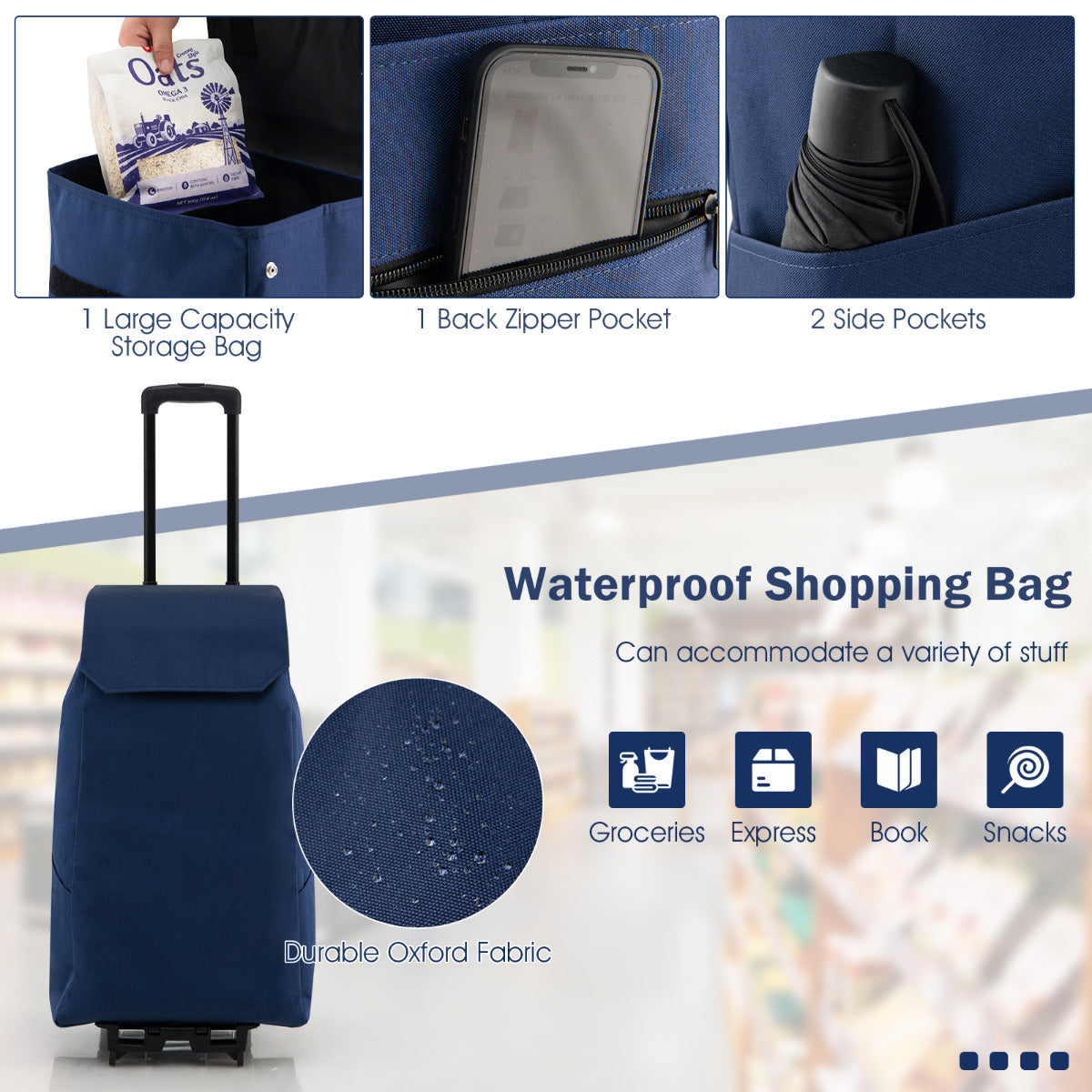 LIVSK 2-in-1 Boodschappenwagentje - Afneembare Waterdichte Tas - Verstelbaar tot 96 cm - 4 Slijtvaste Wielen - Tot 60 kg -