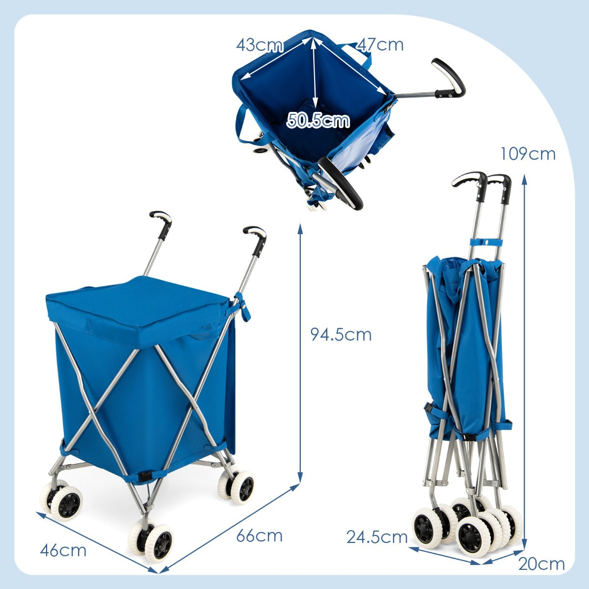 LIVSK Opvouwbare Boodschappentrolley - Waterdichte Voering - Stabiel Stalen Frame - 90L Capaciteit - Stille Wielen - Blauw