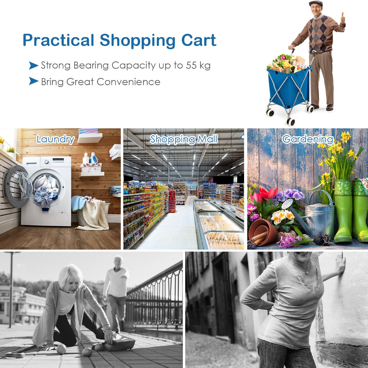 LIVSK Opvouwbare Boodschappentrolley - Waterdichte Voering - Stabiel Stalen Frame - 90L Capaciteit - Stille Wielen - Blauw