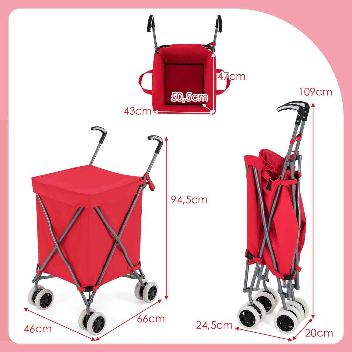 LIVSK Inklapbare Boodschappentrolley - Waterdichte Voering - 90L Inhoud - Stabiel Metalen Frame - Tot 55 kg - Grijs/Roze/Rood