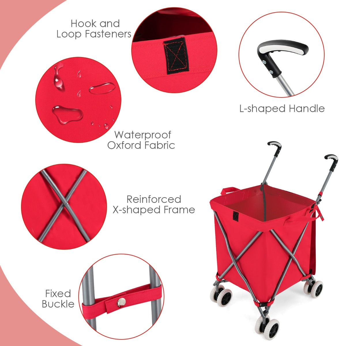 LIVSK Inklapbare Boodschappentrolley - Waterdichte Voering - 90L Inhoud - Stabiel Metalen Frame - Tot 55 kg - Grijs/Roze/Rood