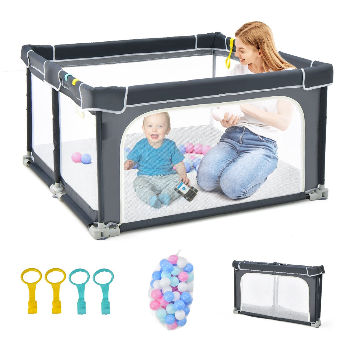 LIVSK Opvouwbare Baby Speelhoek - 4 Handgrepen - 50 Oceaanballen - Veilig en Duurzaam - 124 x 124 x 70 cm - Donkergrijs