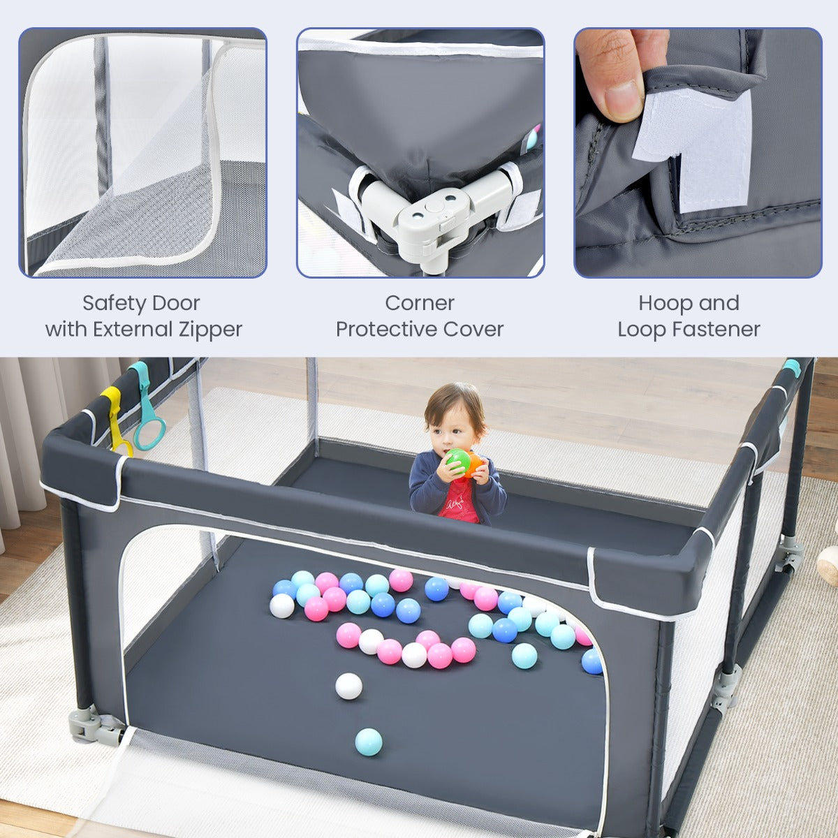 LIVSK Opvouwbare Baby Speelhoek - 4 Handgrepen - 50 Oceaanballen - Veilig en Duurzaam - 124 x 124 x 70 cm - Donkergrijs