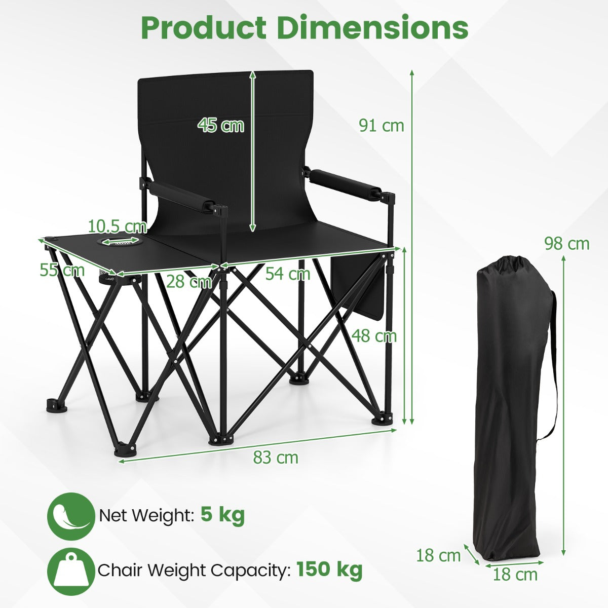 LIVSK Picknickstoel Set - Opvouwbaar met Zijtafel en Bekerhouder - Duurzaam en Comfortabel - Tot 150 kg - Zwart