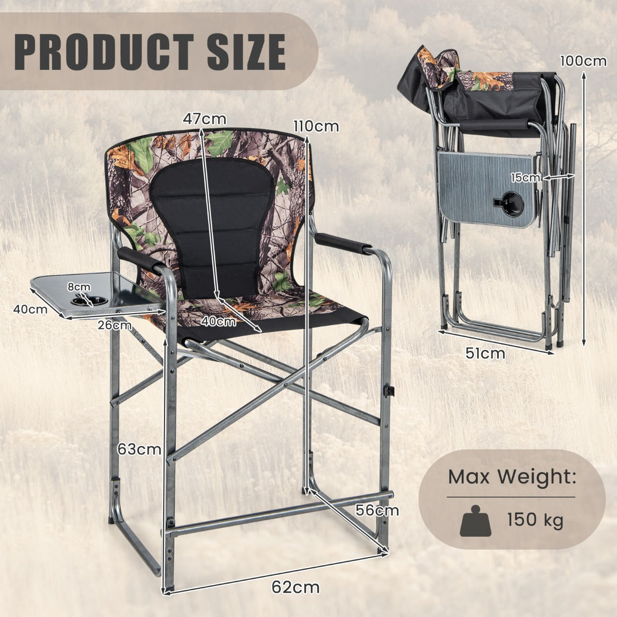 LIVSK Camouflage Campingstoel - Inklapbaar met Voetensteun en Bekerhouder - Ergonomisch en Draagbaar - Tot 150 kg -