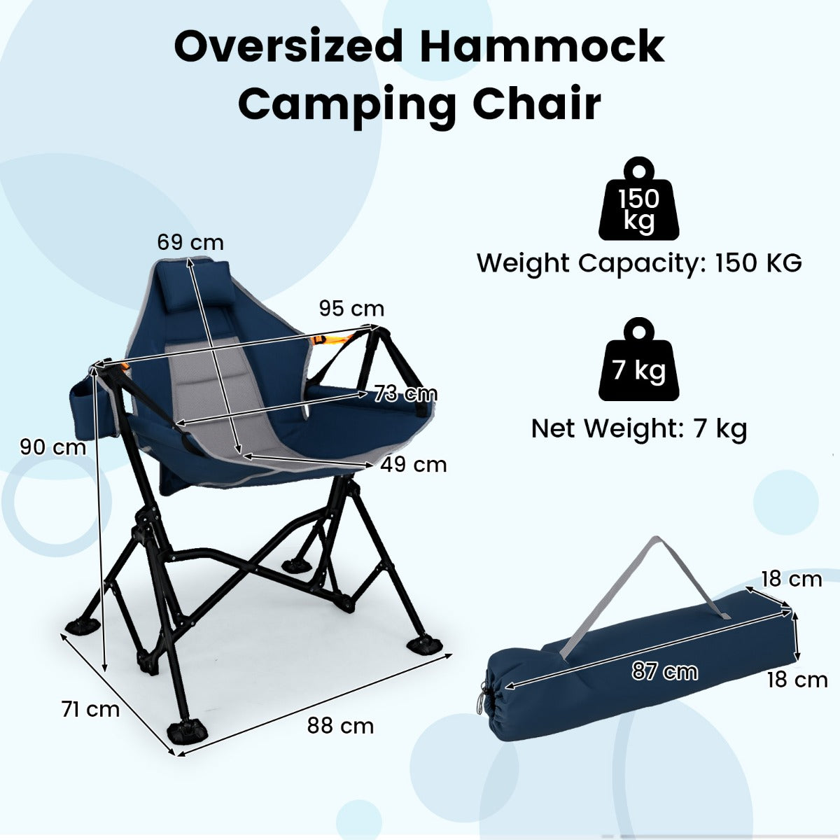 LIVSK oversized campingstoel - Verstelbare rugleuning 90° tot 150° - Gevoerd comfort - Inclusief draagtas - Tot 150 kg - Blauw