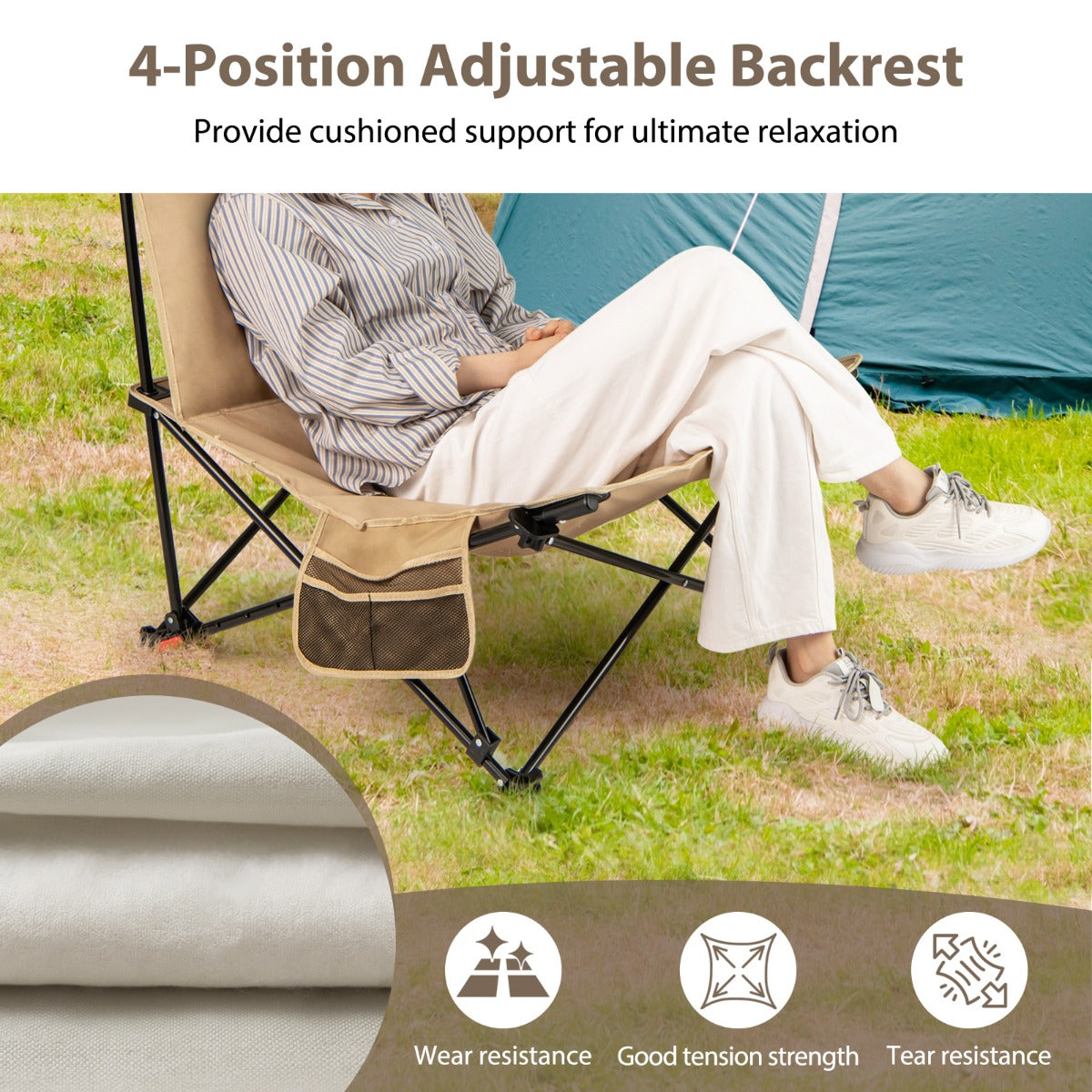 LIVSK Opvouwbare Campingstoel - Verstelbare Rugleuning - Draagvermogen 225 kg - Duurzaam Oxford-stof - Ergonomisch - Khaki