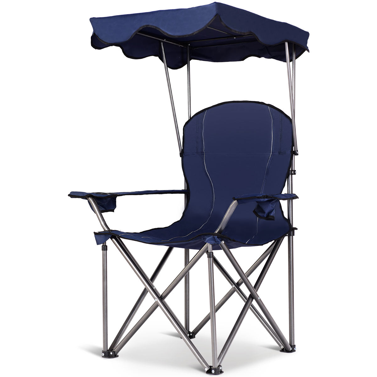 LIVSK Opvouwbare Campingstoel met Zonneluifel en Bekerhouder - Lichtgewicht - 120 kg Draagvermogen - 96,5 x 67,5 x 130 cm - Blauw