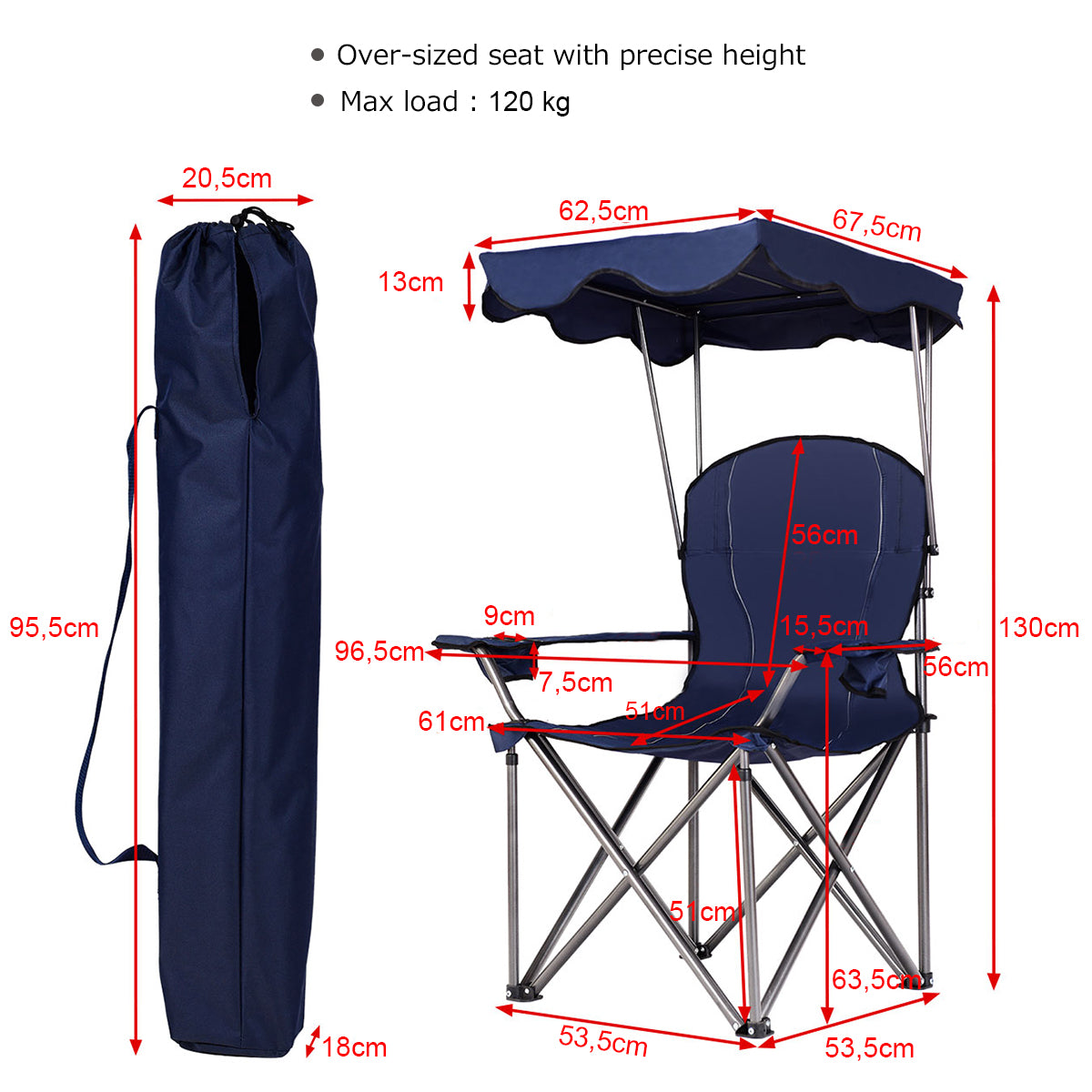 LIVSK Opvouwbare Campingstoel met Zonneluifel en Bekerhouder - Lichtgewicht - 120 kg Draagvermogen - 96,5 x 67,5 x 130 cm - Blauw