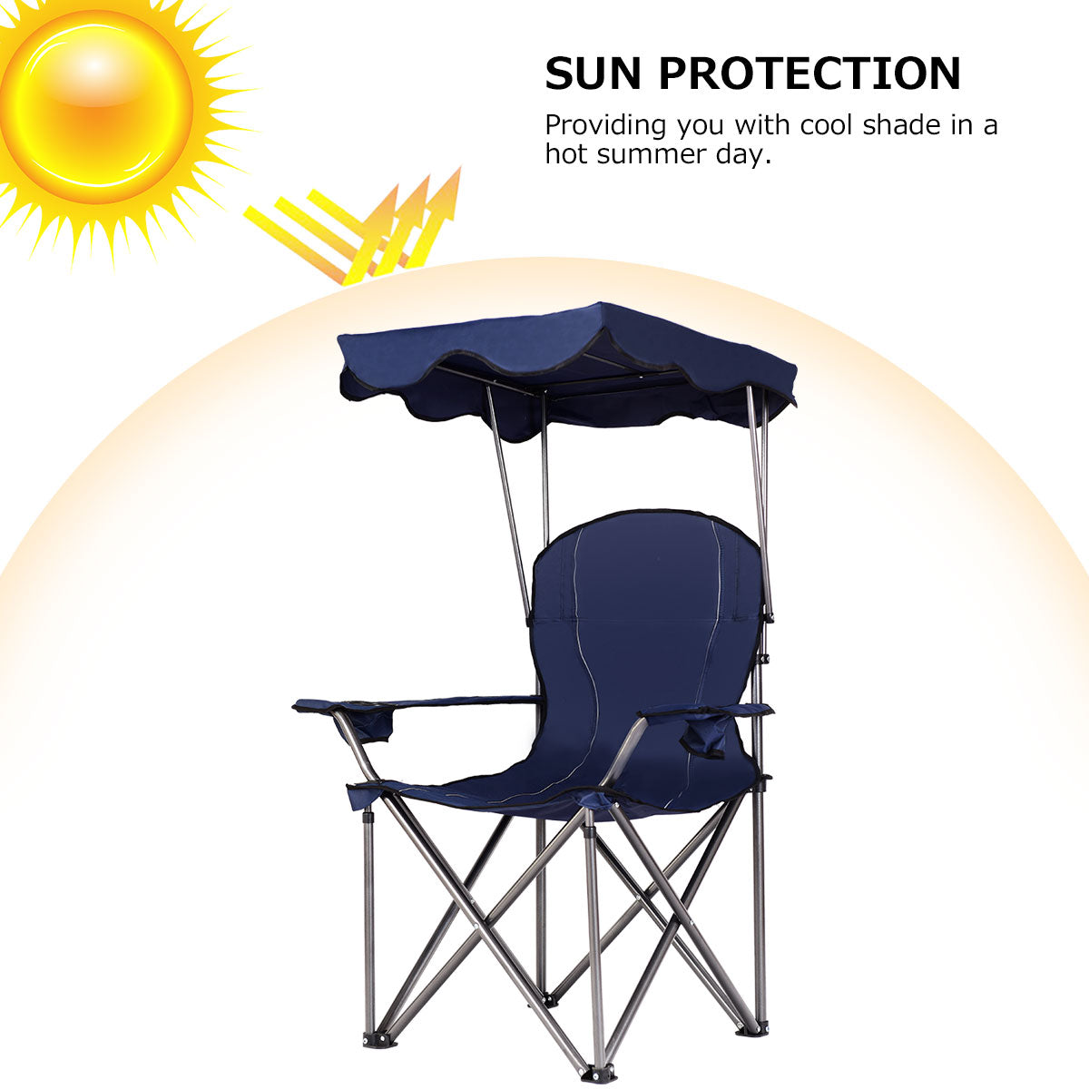 LIVSK Opvouwbare Campingstoel met Zonneluifel en Bekerhouder - Lichtgewicht - 120 kg Draagvermogen - 96,5 x 67,5 x 130 cm - Blauw